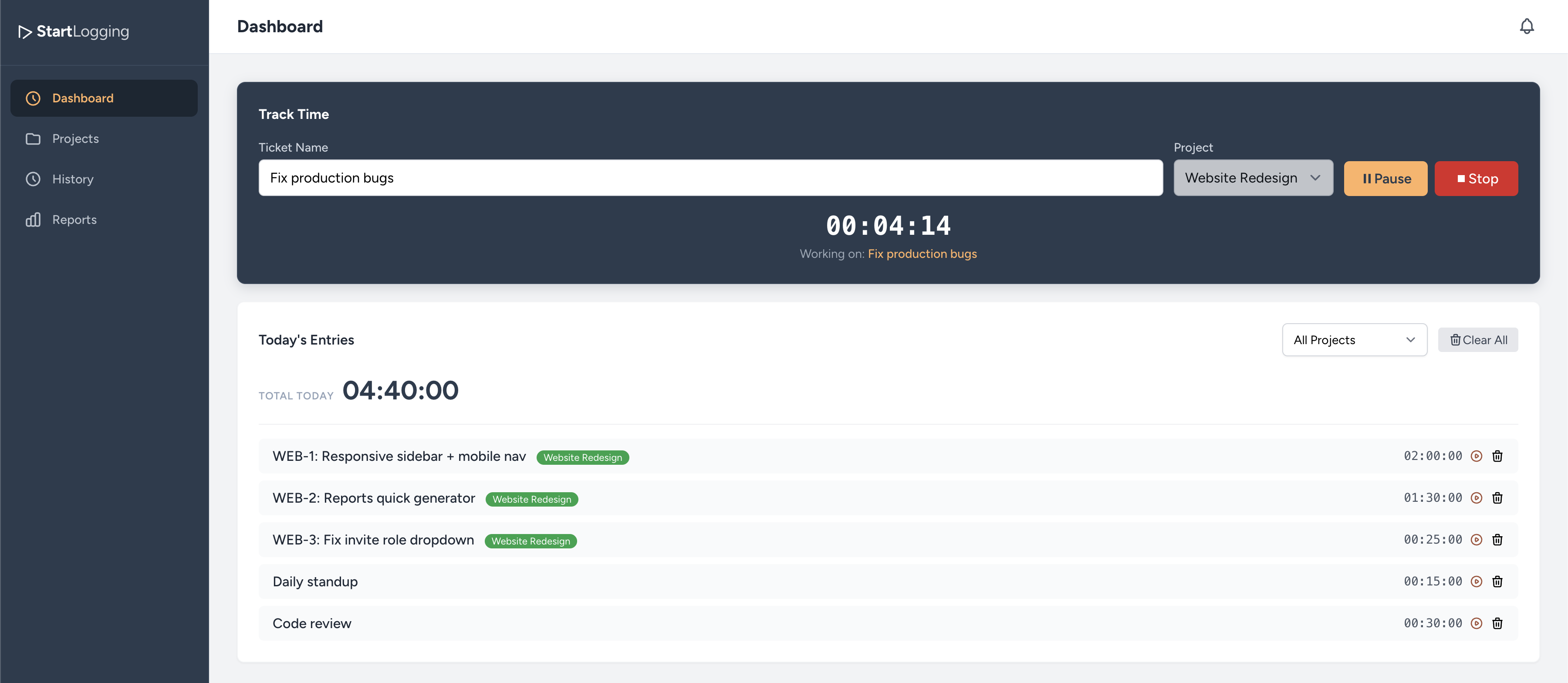 StartLogging time tracking dashboard showing timer, project management, and time logs